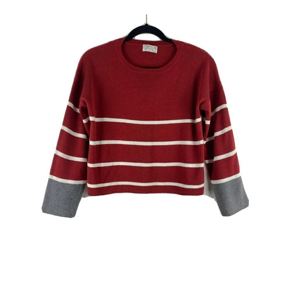 Poof Apparel Women Sweater Small Red Striped Long Sleeve Crew Neck Pullover